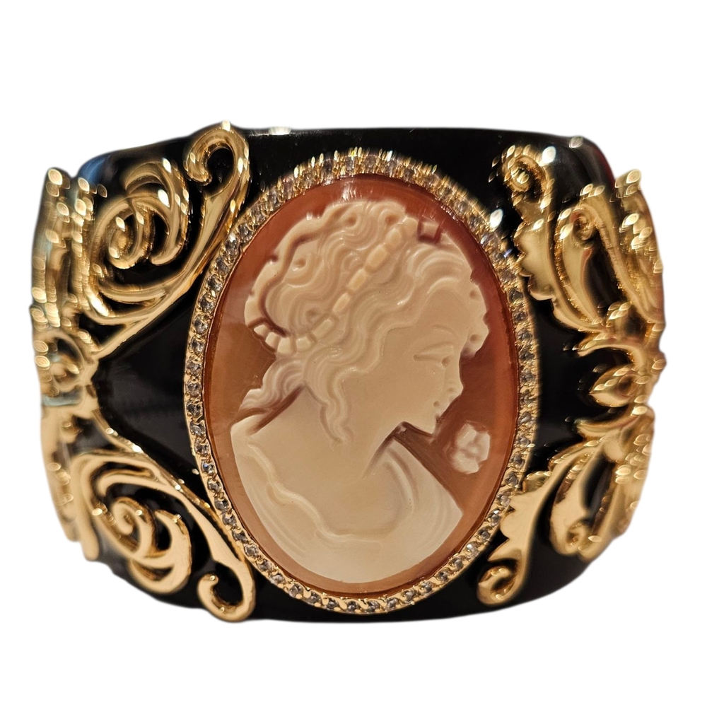 Elegant Gold and Black Cameo Bracelet. Amedeo Black with Gold Tone Accents.